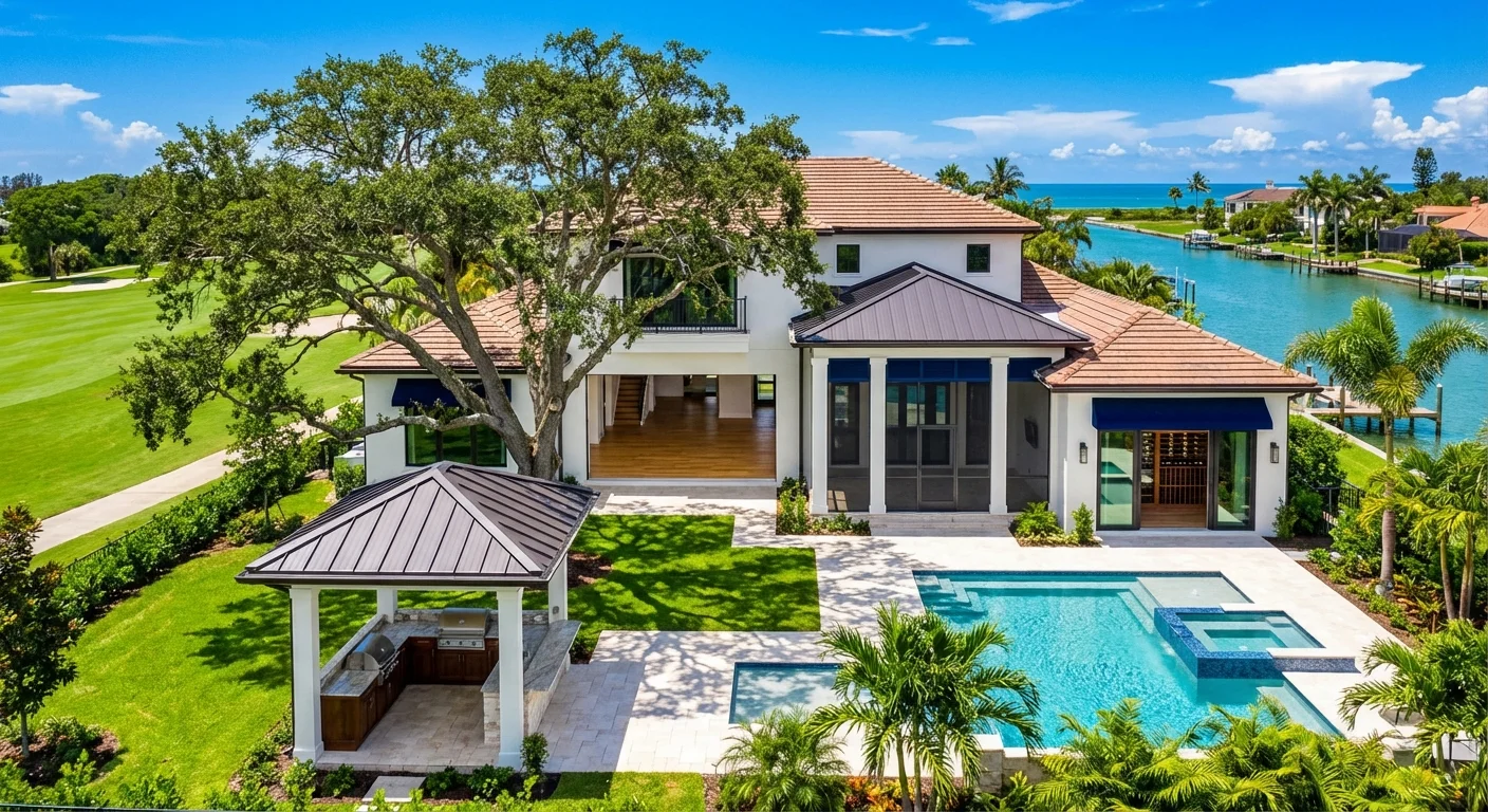Mediterranean luxury Naples home with oak trees, elegant columns, rooftop terrace, outdoor kitchen, and sparkling pool at golden hour