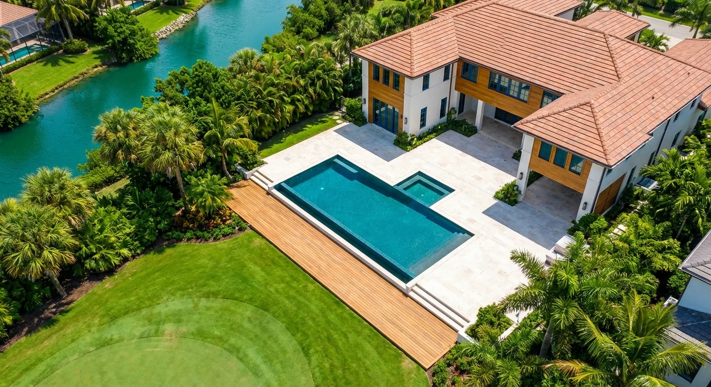 Luxury Southwest Florida home with Mediterranean roof and illuminated pool at golden hour showcasing smart home infrastructure