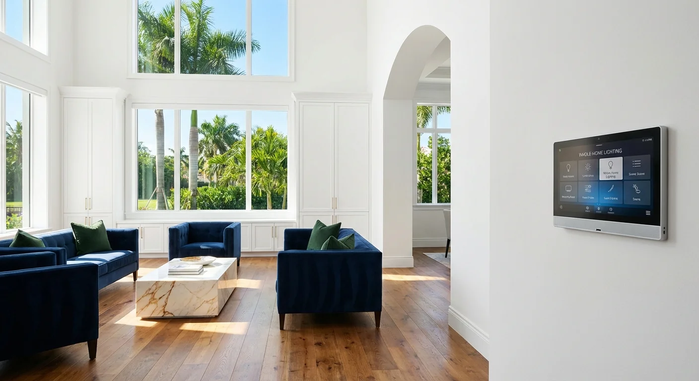 Elegant Southwest Florida luxury home showcasing Mediterranean architecture with integrated whole-home smart lighting at golden hour