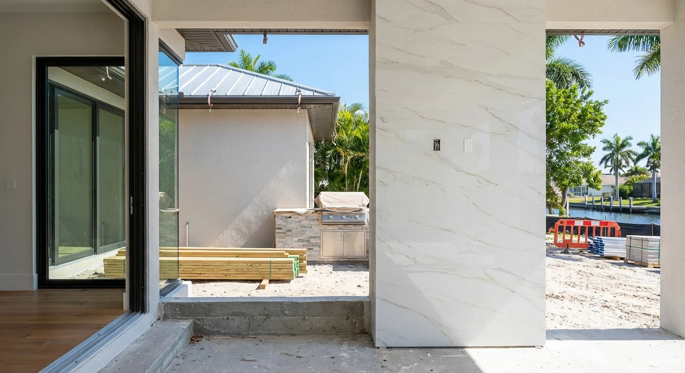 Luxury Mediterranean-style Naples home with stucco walls, oak accents, impact glass windows, and a custom outdoor kitchen at golden hour