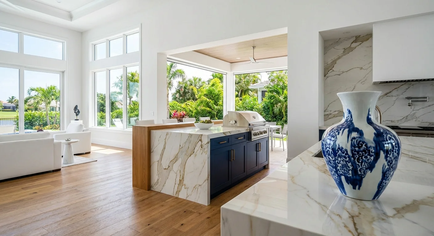 Elegant Naples luxury outdoor kitchen with porcelain surfaces, Mediterranean design, and golden hour lighting in coastal Florida setting