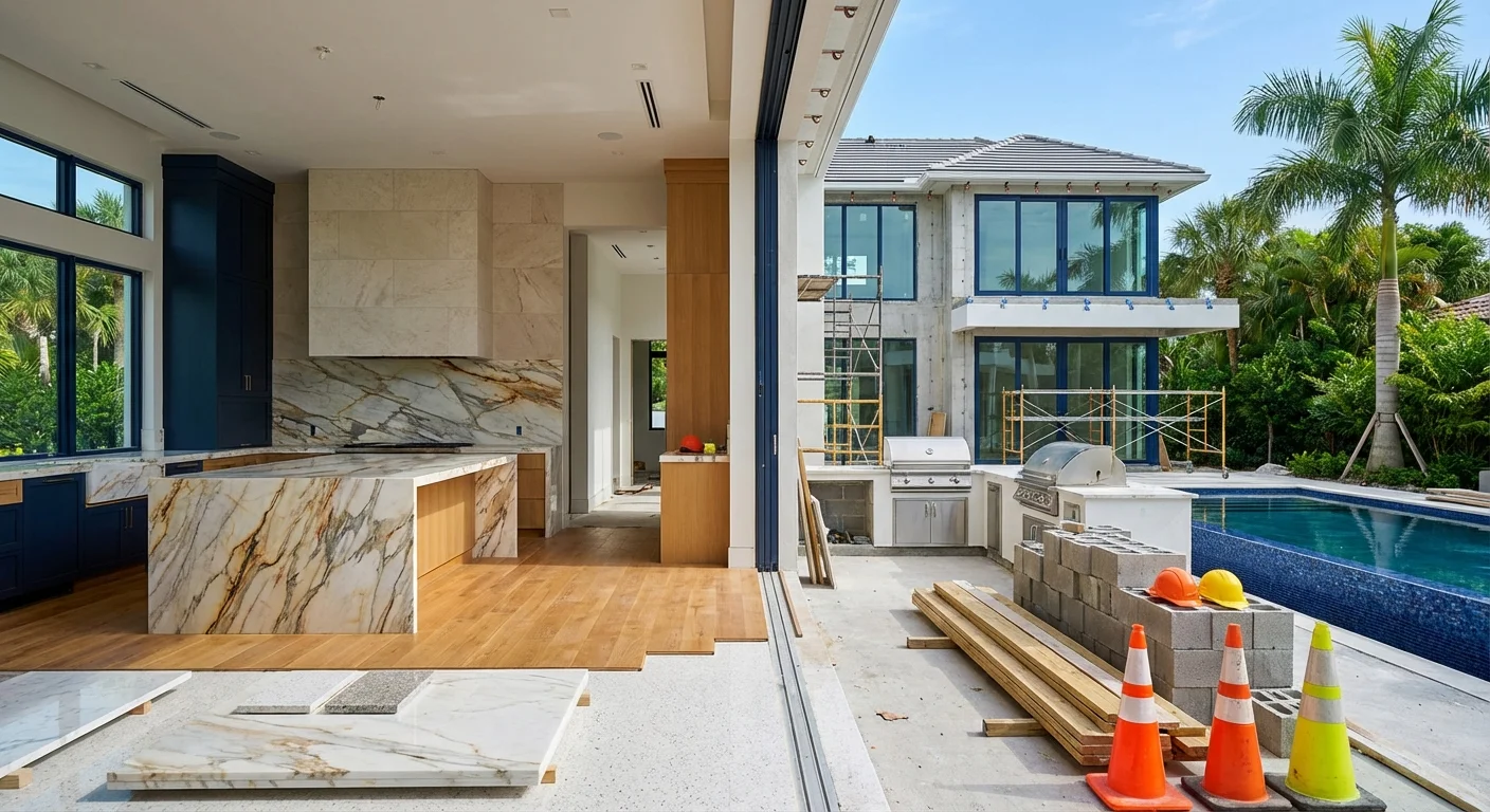 Luxury Southwest Florida home with eco-friendly materials like limestone and oak, featuring a pool and outdoor kitchen at golden hour