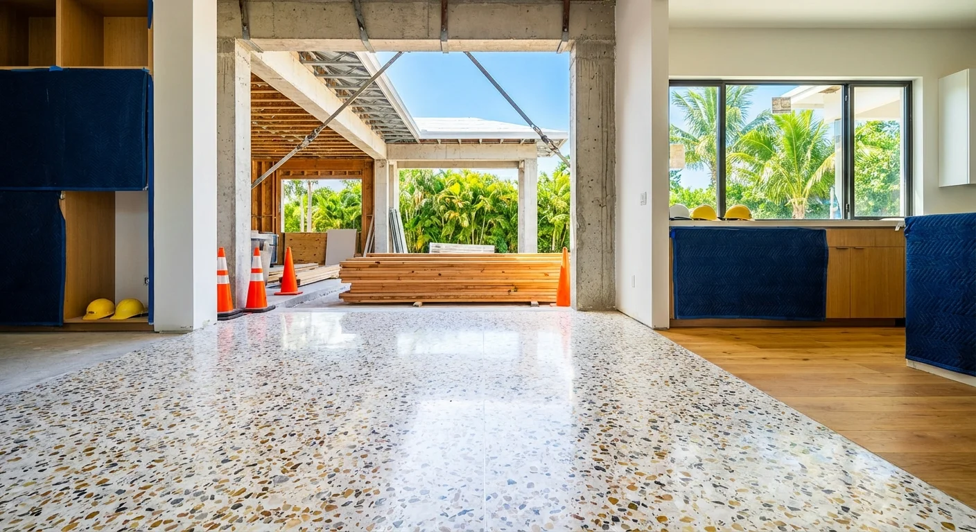 Luxury Naples home terrazzo flooring with sustainable materials bathed in golden hour light showcasing coastal elegance