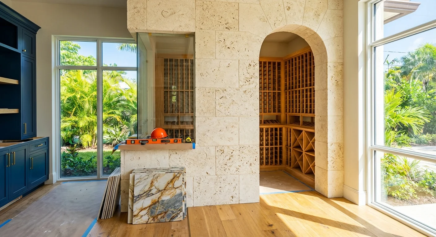 Floor-to-ceiling custom wine cellar with limestone, oak, and porcelain finishes in a Naples luxury home at golden hour