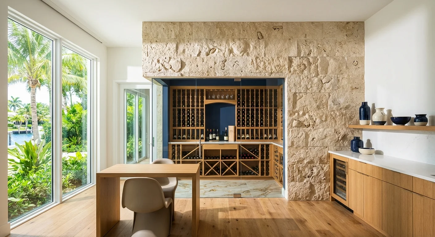 Luxurious climate-controlled wine cellar with limestone walls, oak shelves, and porcelain flooring in a Naples luxury home
