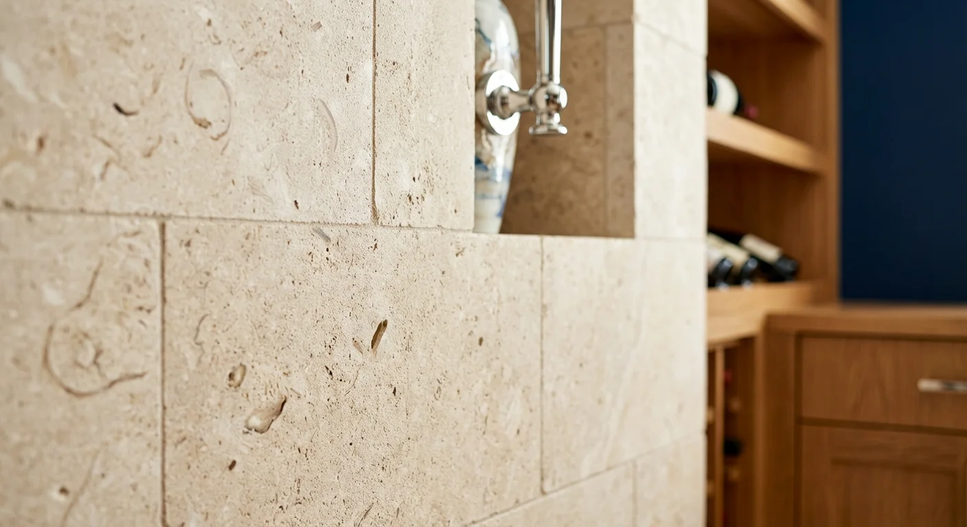 Luxurious custom wine cellar with limestone, porcelain, and white oak featuring Mediterranean coastal design in Naples luxury home