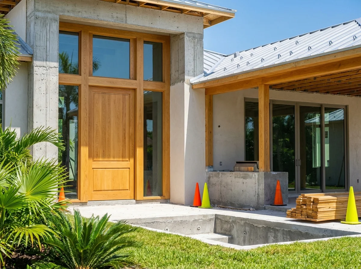 Mediterranean luxury custom home in Collier County with oak accents, stucco walls, pool, and outdoor kitchen at golden hour