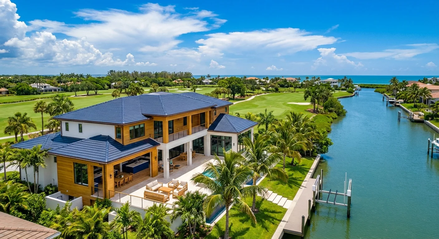 Mediterranean-style luxury custom home in Naples, Florida, showcasing elegant architecture and warm golden hour lighting