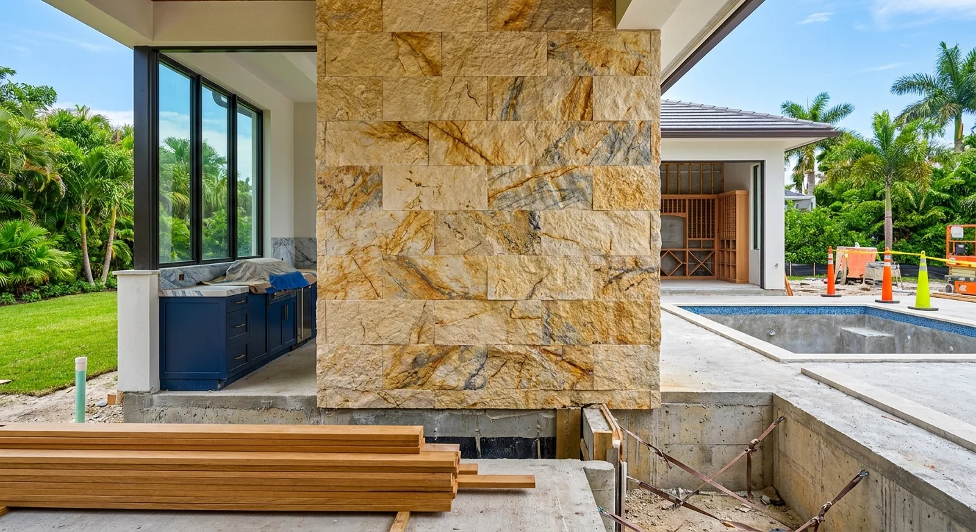 Luxury Mediterranean custom home in Naples with limestone facade, oak accents, pool, and outdoor kitchen at golden hour
