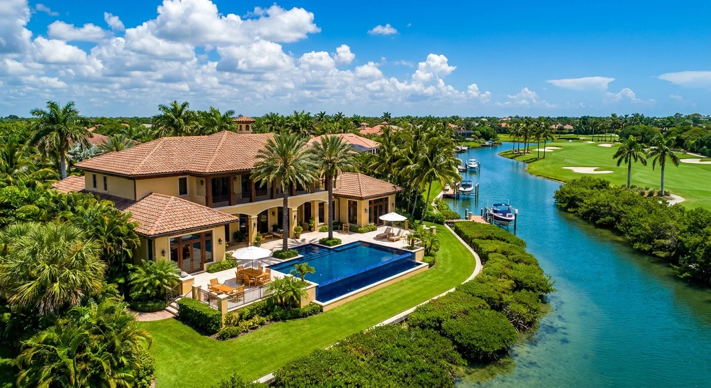 Luxury Mediterranean-style custom home in Naples with golden hour lighting highlighting elegant architecture and lush landscaping inland