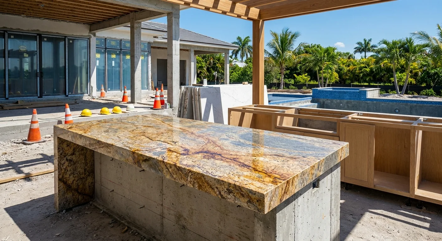 Luxury Naples outdoor kitchen with granite countertops, teak accents, pool view, and Mediterranean coastal design at golden hour
