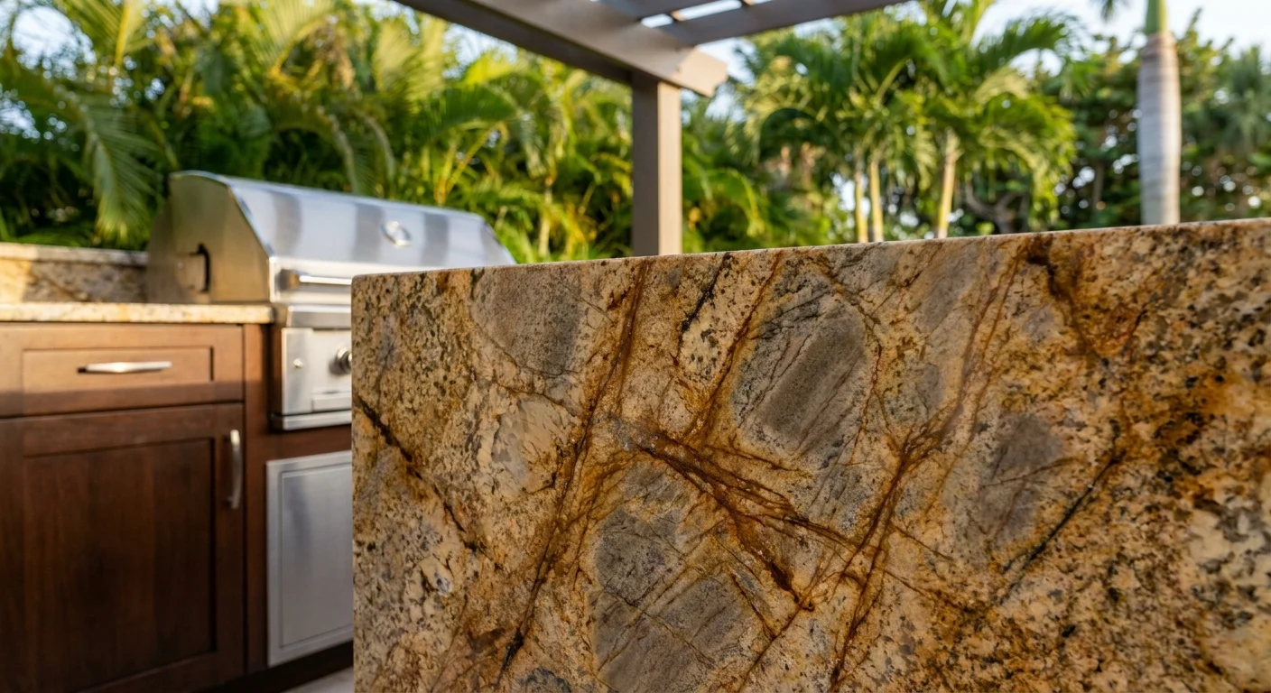 Luxury outdoor kitchen in Naples with porcelain slab countertops, coastal Mediterranean design, and golden hour lighting