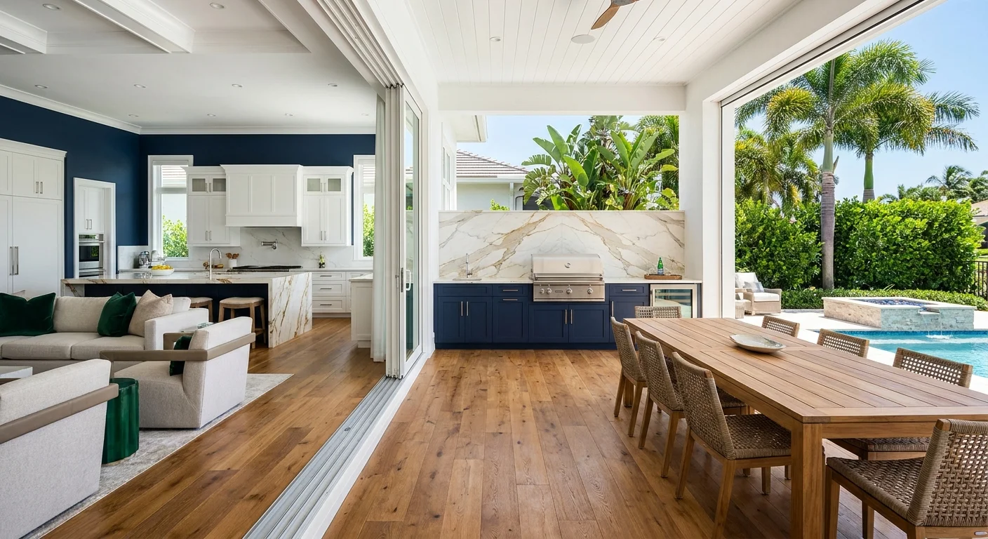 Luxury Naples outdoor kitchen with oak cabinetry, seamless flooring, and a pool under golden hour Mediterranean lighting