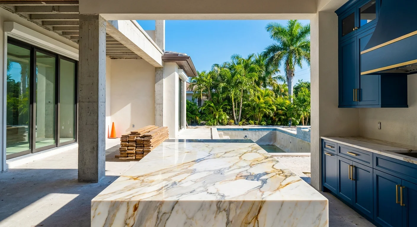 Mediterranean luxury Naples home with marble columns, limestone facade, oak accents, and coastal lighting at golden hour