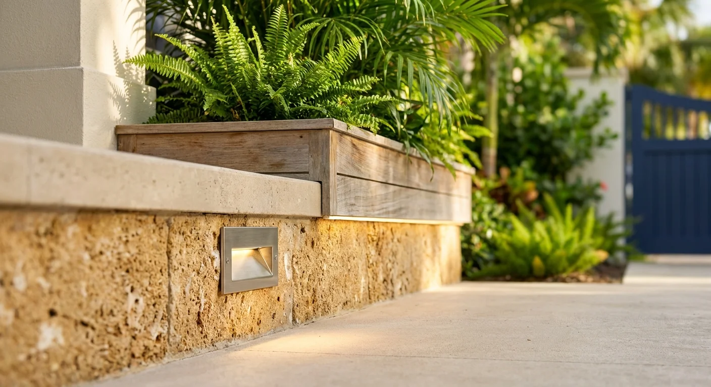 Golden hour view of a Naples luxury home foundation showcasing Mediterranean coastal-modern architectural lighting layers