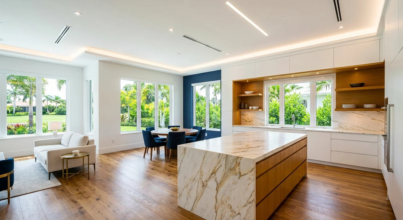 Golden hour view of a Naples luxury kitchen featuring recessed linear slot lighting and Mediterranean coastal design elements