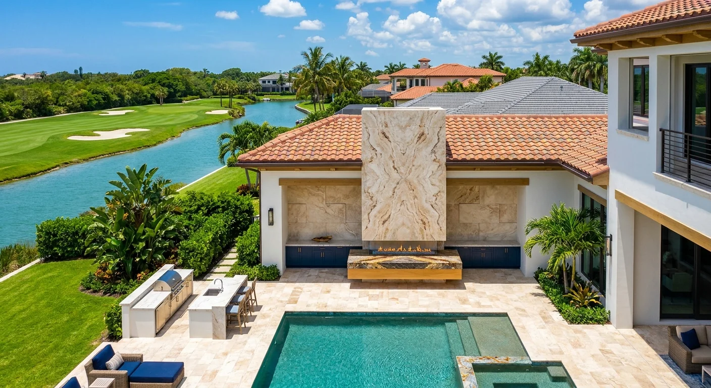 Luxury Naples outdoor fireplace with travertine and limestone surrounds, poolside kitchen, and Mediterranean coastal design in golden hour light