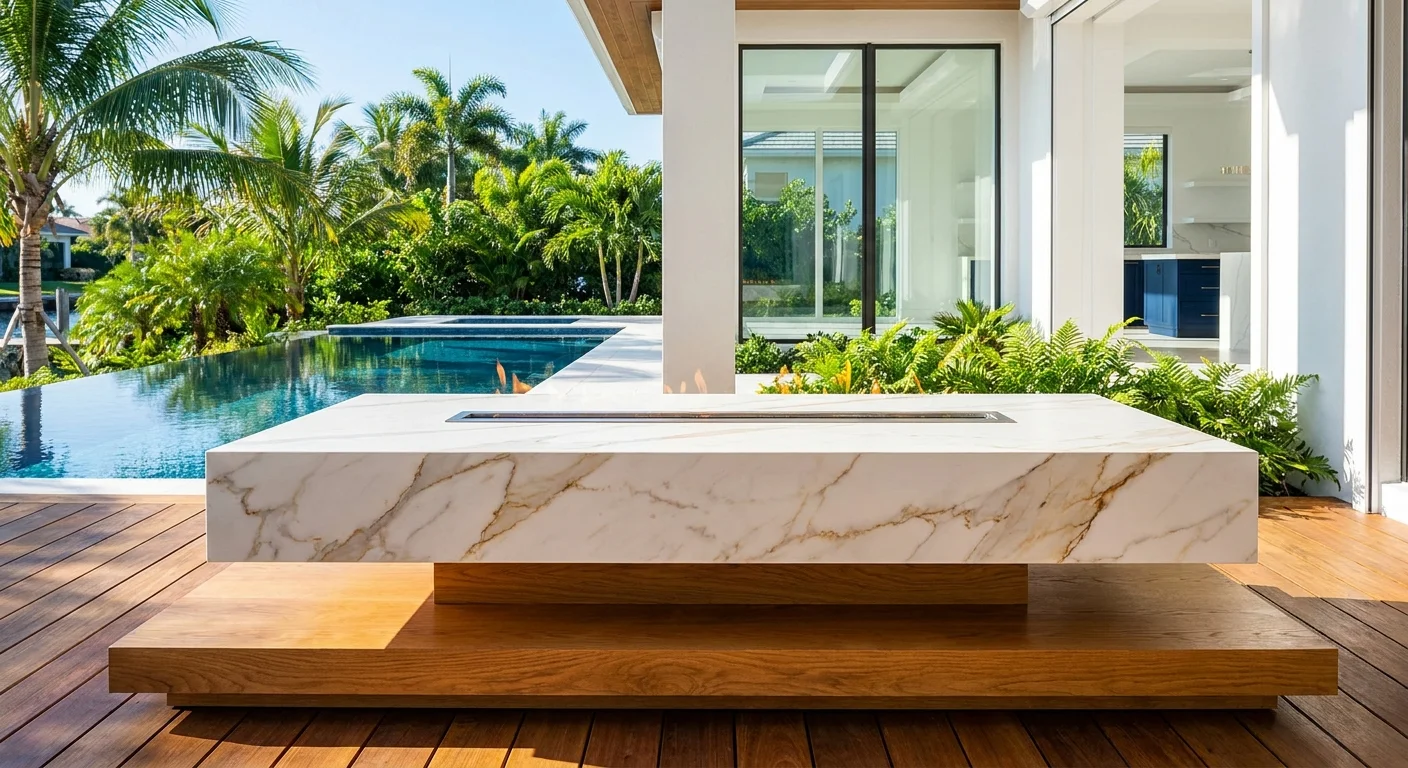 Mediterranean-style floating fire table with porcelain and oak accents beside a pool in a luxury Naples FL outdoor space