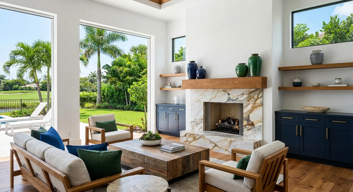 Elegant Mediterranean-style outdoor fireplace with stone surround and cozy seating in a luxury Naples Florida backyard at golden hour