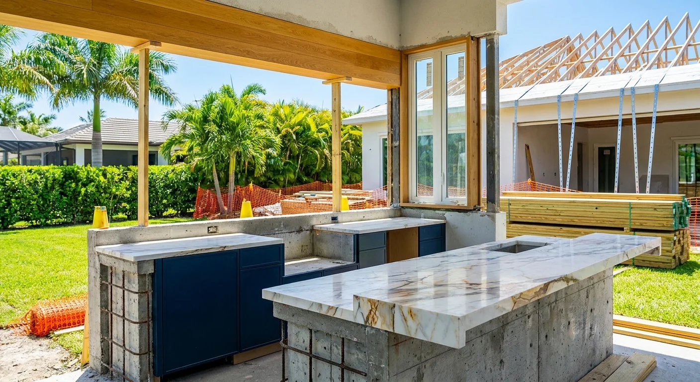 Luxury outdoor kitchen in Naples with Mediterranean design, golden hour lighting, coastal elements, and high-end architectural details