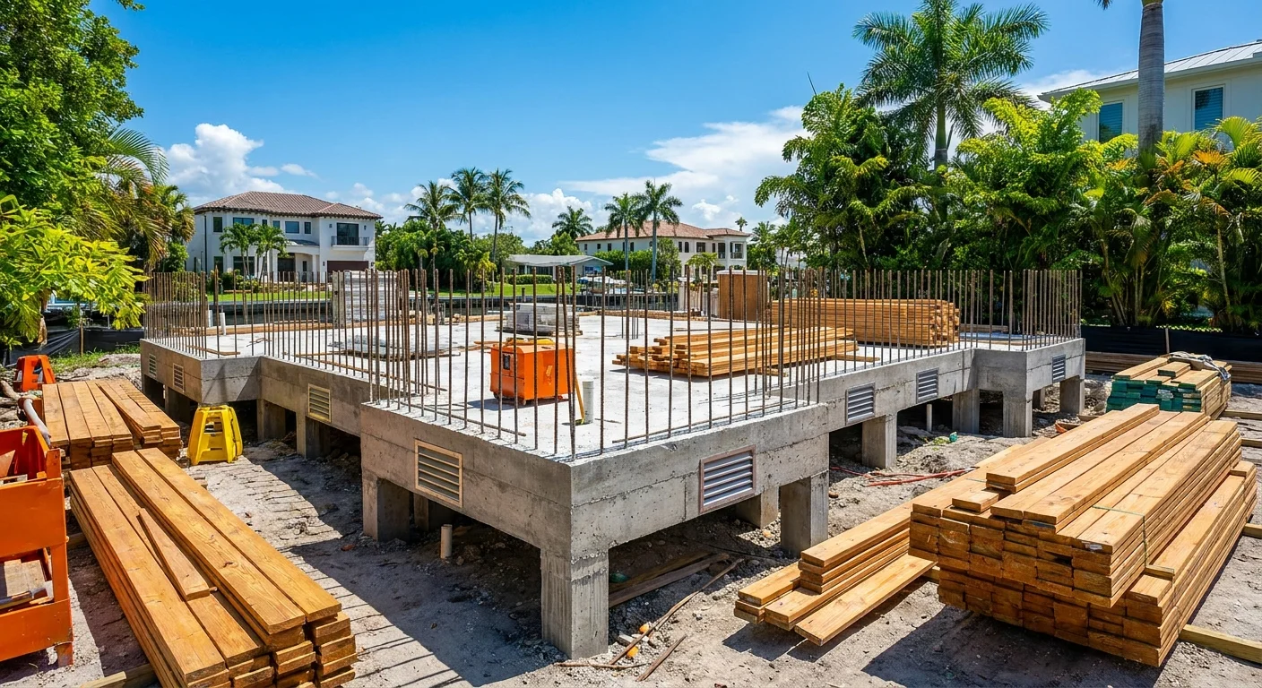 Foundation of a luxury Naples home at golden hour, showcasing Mediterranean coastal architecture in a FEMA flood zone area