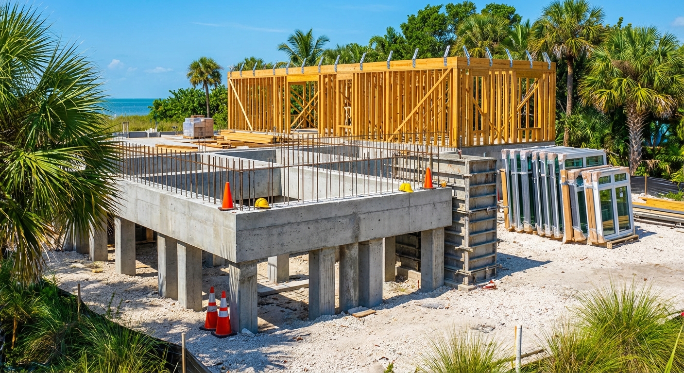 Luxury coastal home in Naples, Florida with an elevated foundation designed to meet FEMA and 2023 Florida Building Code flood zone standards.