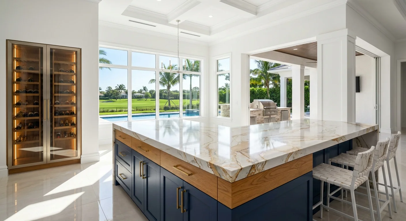 Sunlit Mediterranean luxury kitchen island with quartz and porcelain surfaces, oak accents, and coastal Naples Florida design elements
