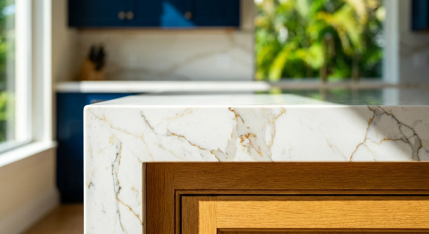 Luxury Naples kitchen island with waterfall quartz countertop and warm oak wood base in golden hour Mediterranean style