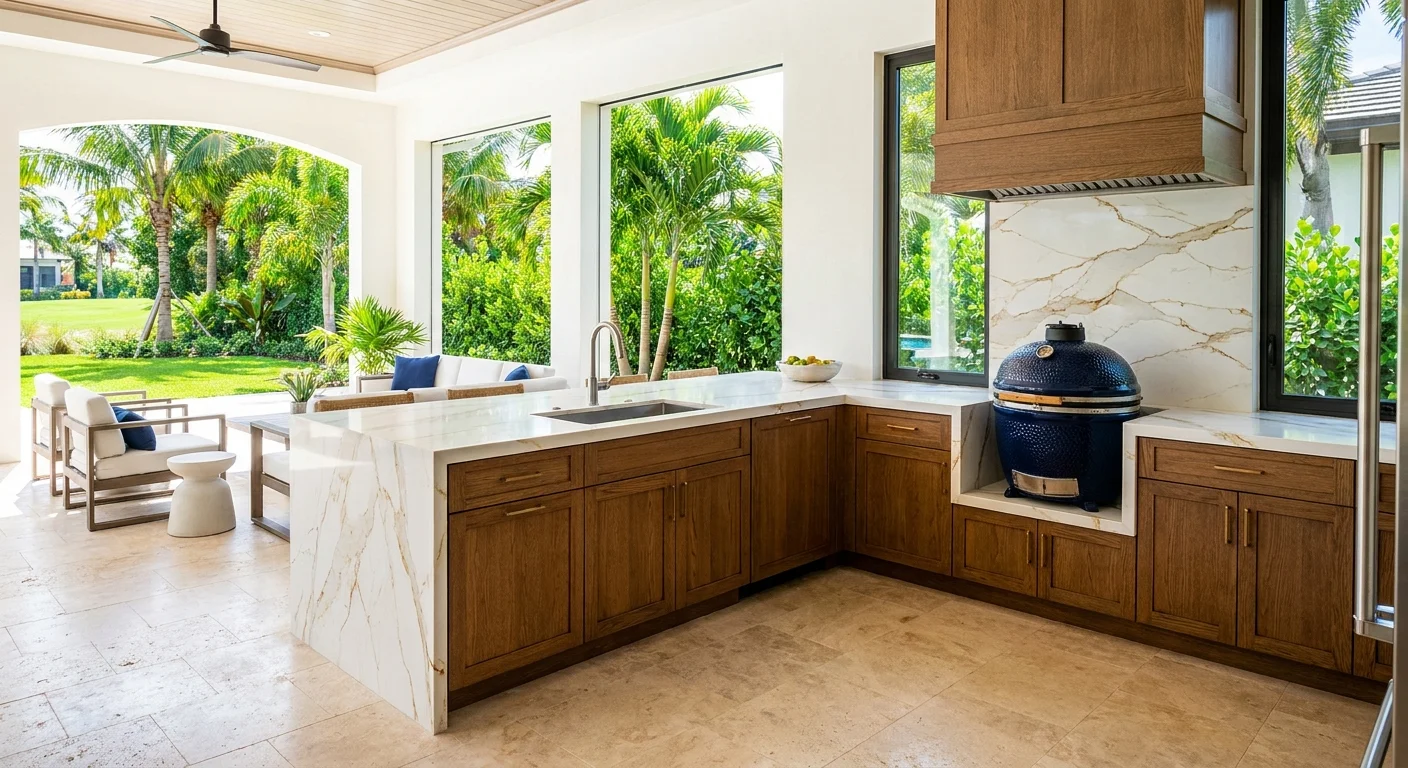 Luxurious Naples kitchen island with stone countertop facing outdoor living area, showcasing Mediterranean coastal design at golden hour