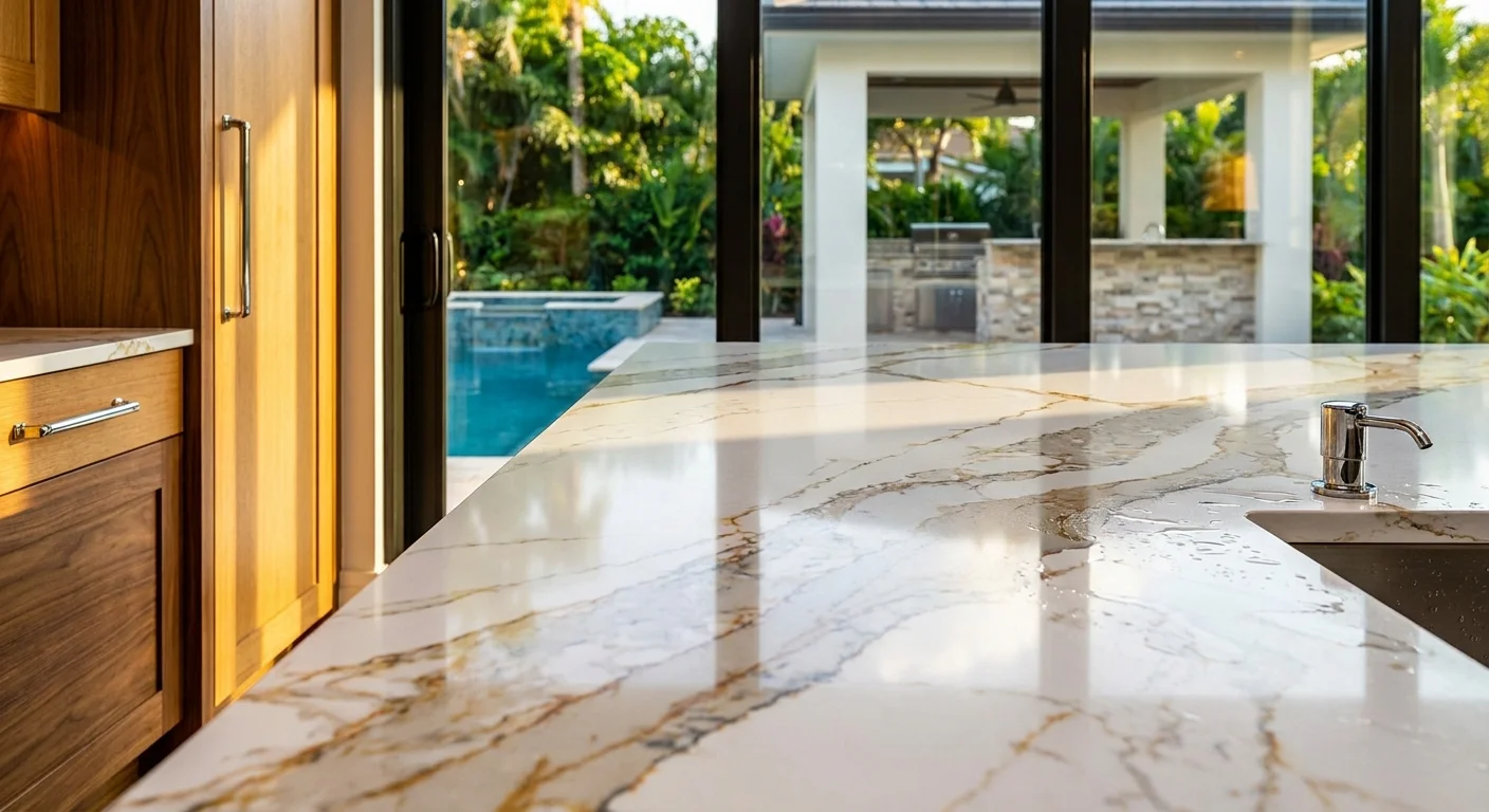 Luxury Naples kitchen with rich walnut and oak cabinets, quartz countertops, floor-to-ceiling impact glass overlooking pool and outdoor kitchen