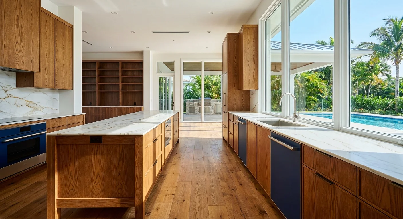 Sunlit luxury kitchen cabinetry in oak and walnut with pool view, showcasing Mediterranean coastal style in Naples, Florida homes