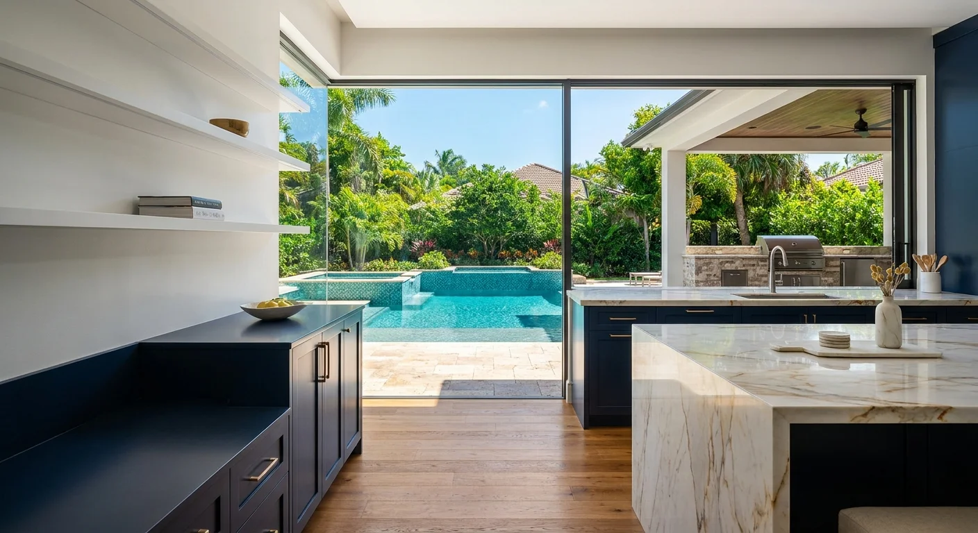 Luxurious Naples outdoor kitchen with pool, glass walls, and open view corridors showcasing Mediterranean coastal design