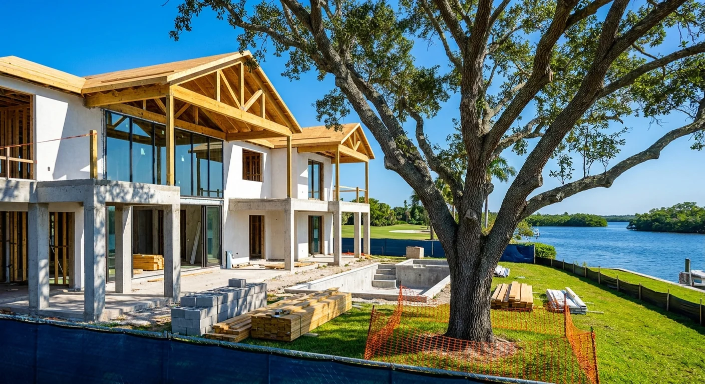 Luxury Mediterranean waterfront home in Naples with oak columns, impact glass, pool, outdoor kitchen, and elegant roof at golden hour