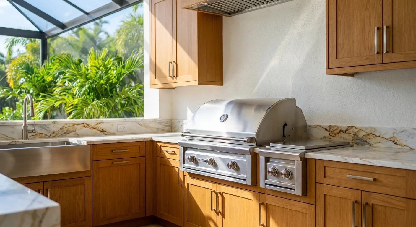 Luxury Naples outdoor kitchen with Mediterranean roof under golden hour light showcasing coastal design and upscale home features