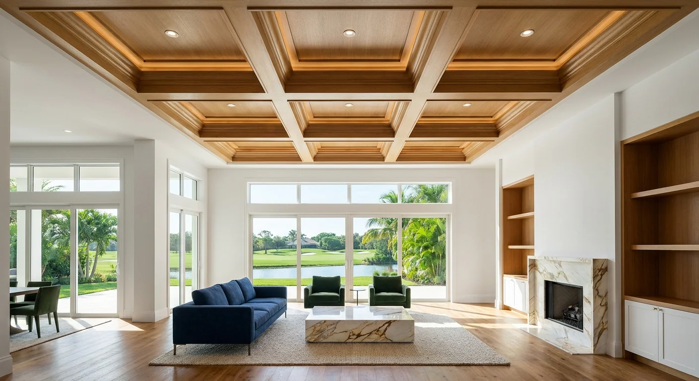 Luxury Mediterranean-style home with terracotta roof overlooking manicured golf course and serene lake at golden hour in Naples, Florida