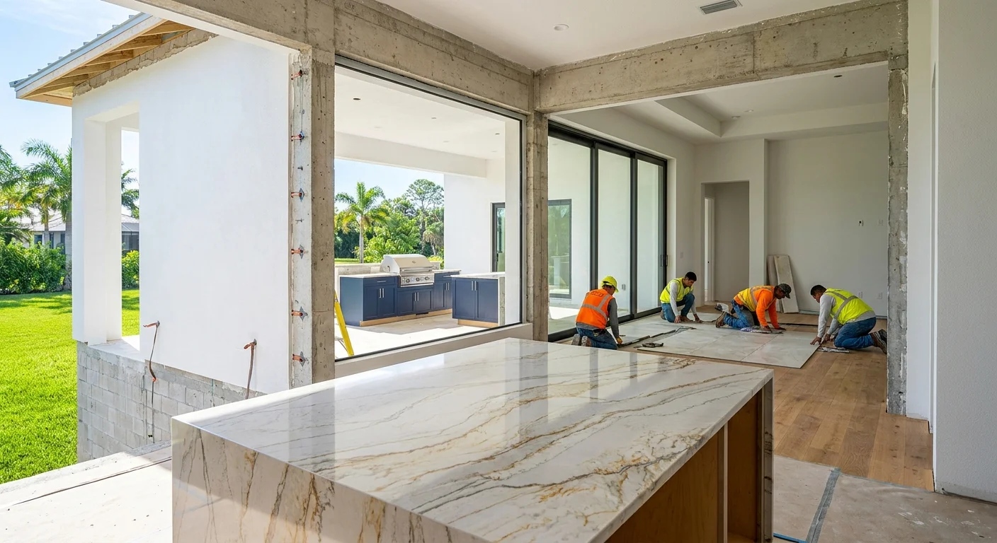 Luxury Mediterranean-style Naples home at golden hour with stucco exterior, impact glass windows, and elegant outdoor kitchen.