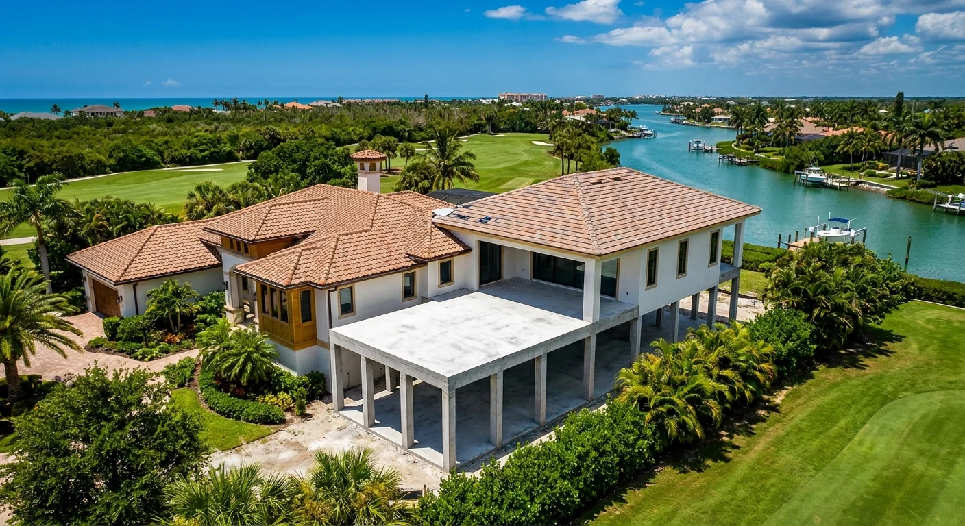 Luxury Mediterranean-style home foundation and roof at golden hour, highlighting primary suite expansion in Naples, Florida