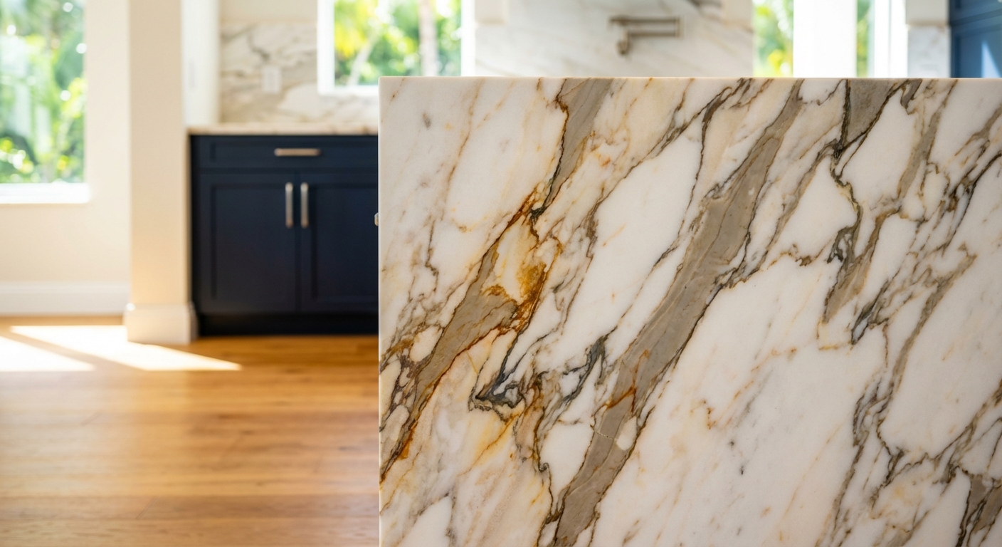 Spacious Naples luxury kitchen with marble countertops, double islands, oak cabinetry, and quartz accents in golden hour lighting.