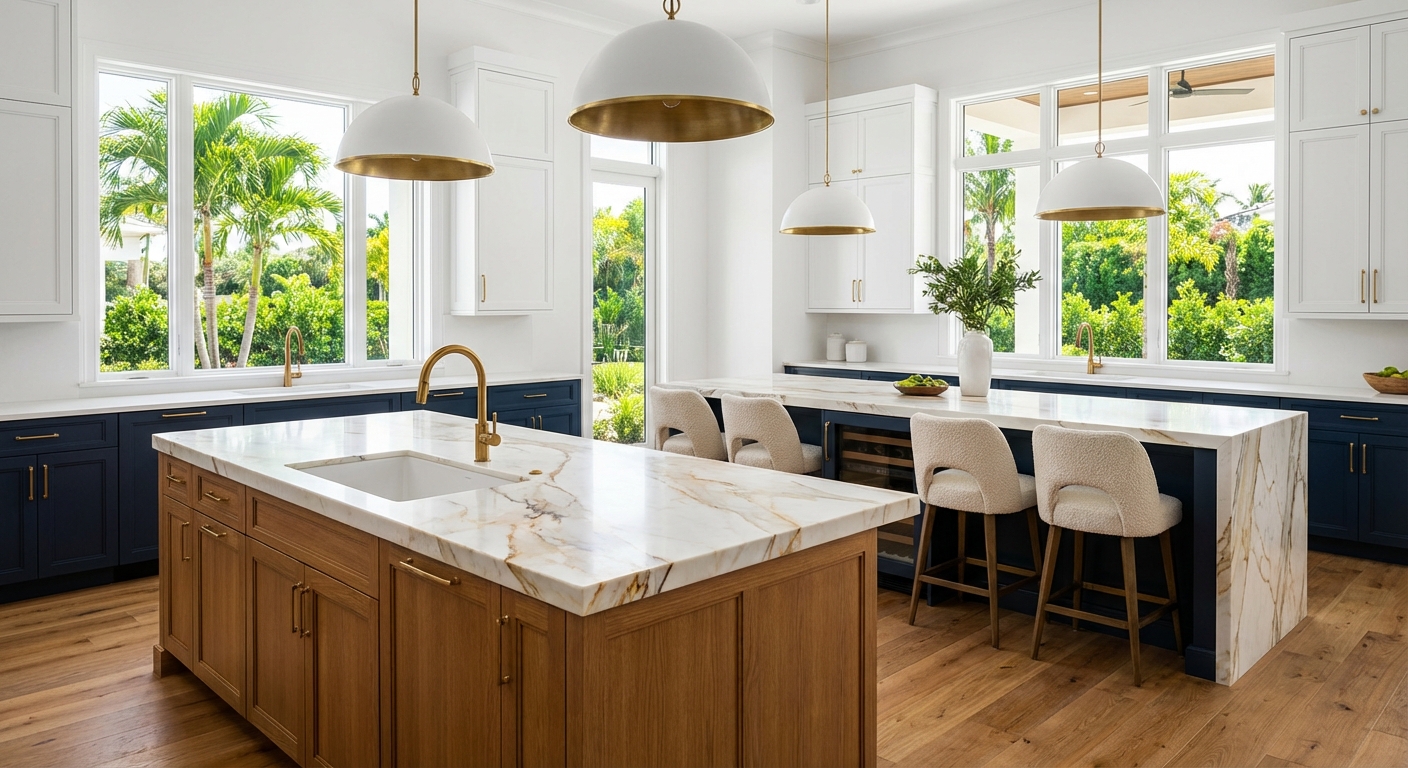 Elegant double kitchen islands with marble countertops and coastal Mediterranean design in a Naples luxury home at golden hour.