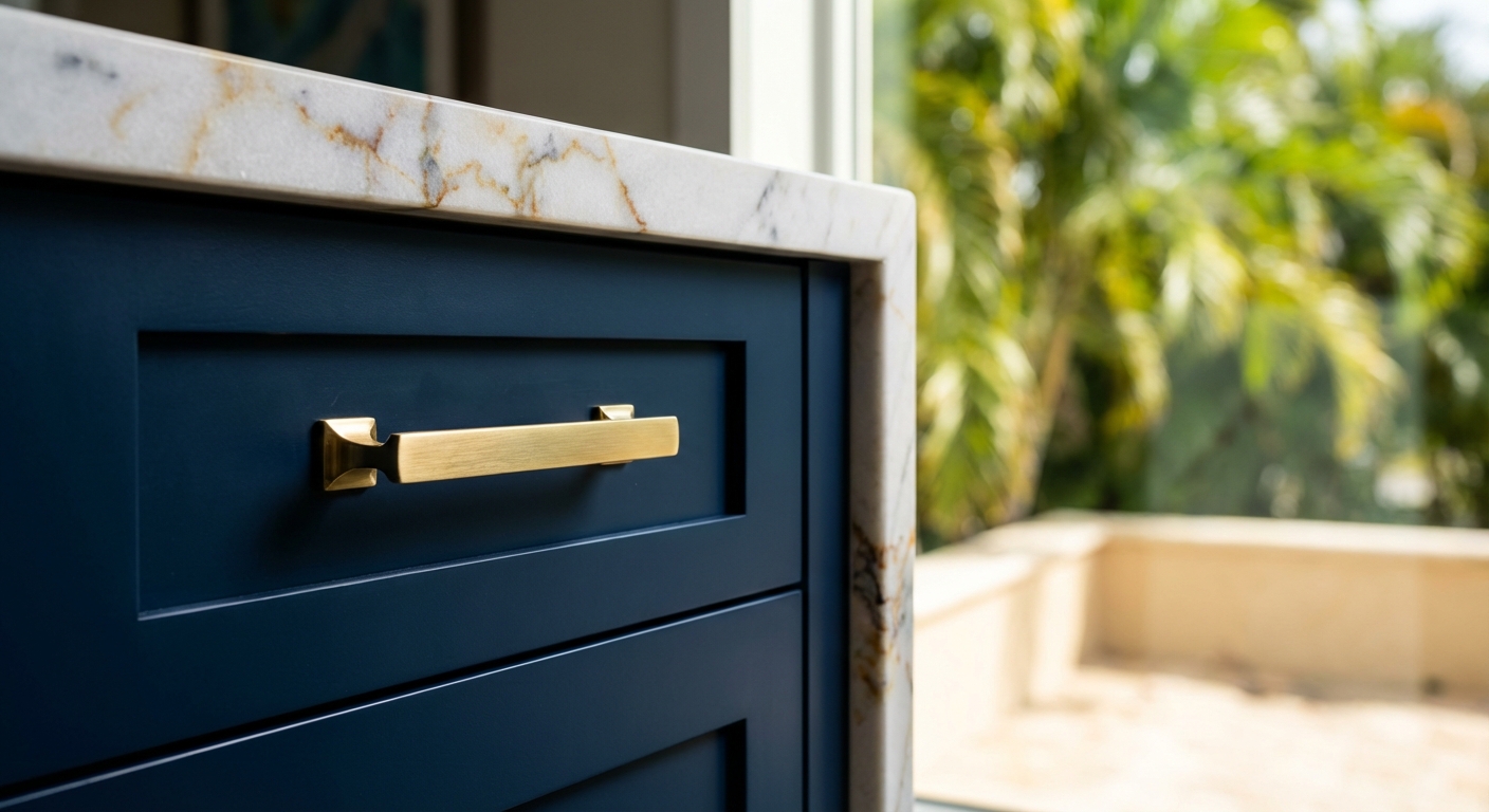 Luxury Naples kitchen with coastal-inspired palette; soft whites, sandy beige cabinets, and oceanic blue accents under golden hour light.